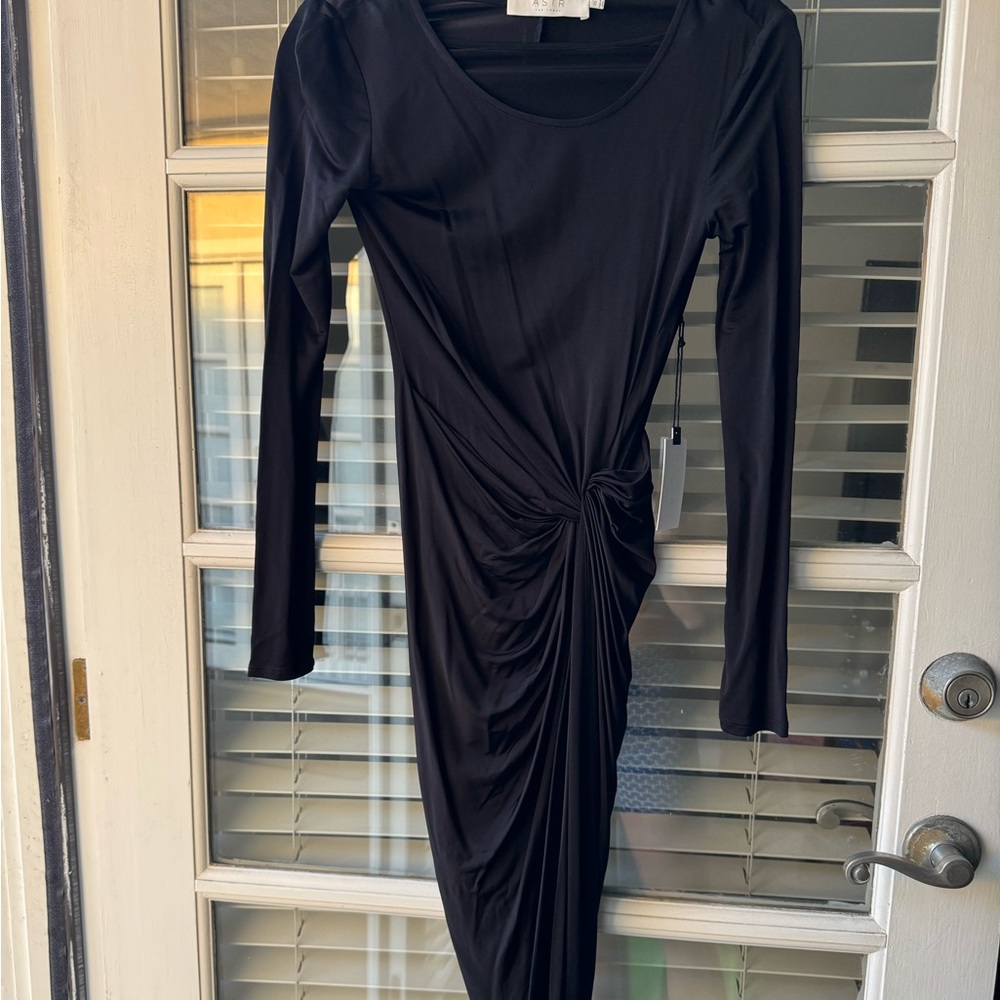 NWT ASTR Black Slinky Side Rouged Long Sleeve Dress Size XS